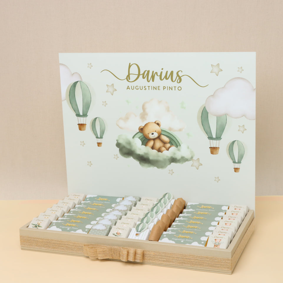Baby boy air balloon theme chocolate medium leather tray with personalized designed acrylic backdrop