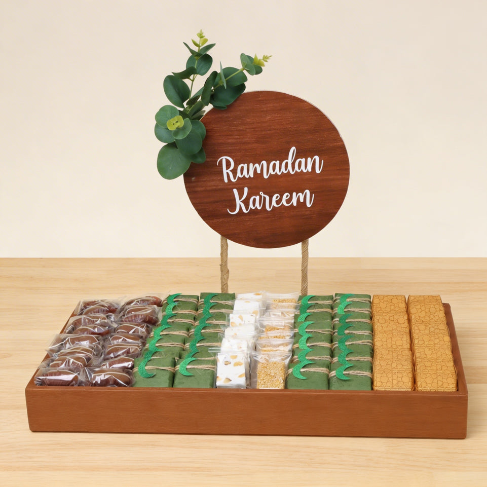 Rustic ramadan kareem decorated chocolate leather tray