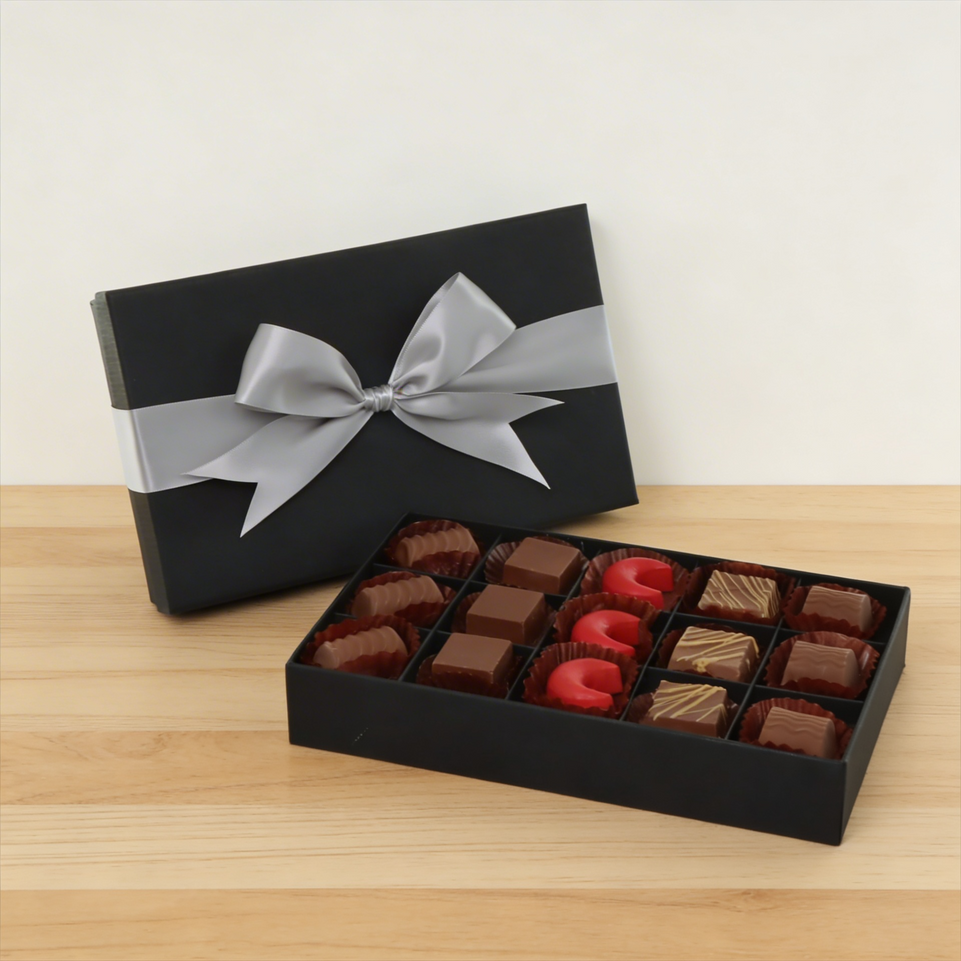 Premium chocolate 15-pc black hard box with silver ribbon