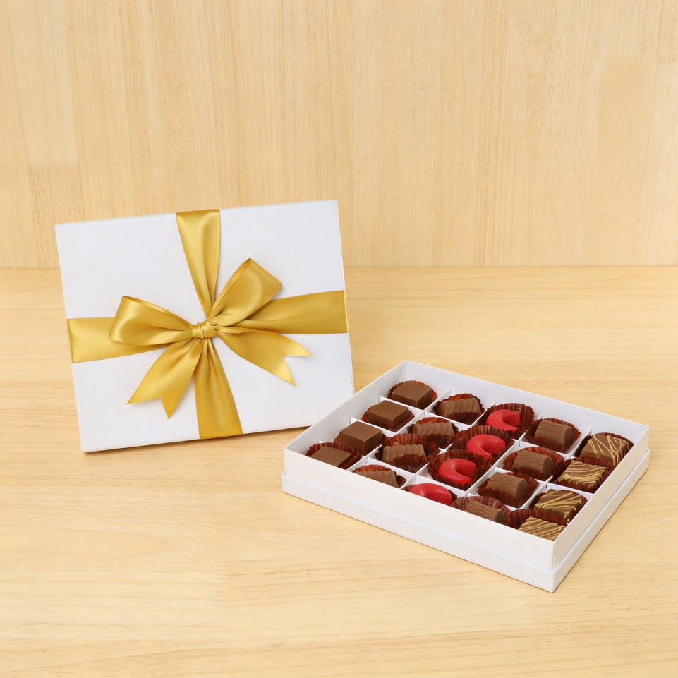 Premium chocolate 20pc white hard box with gold ribbon