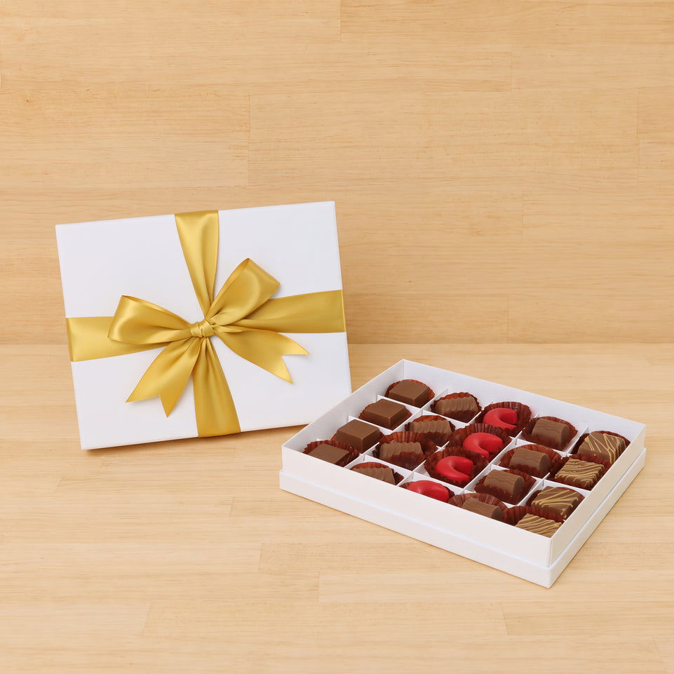 Premium chocolate 20pc white hard box with gold ribbon