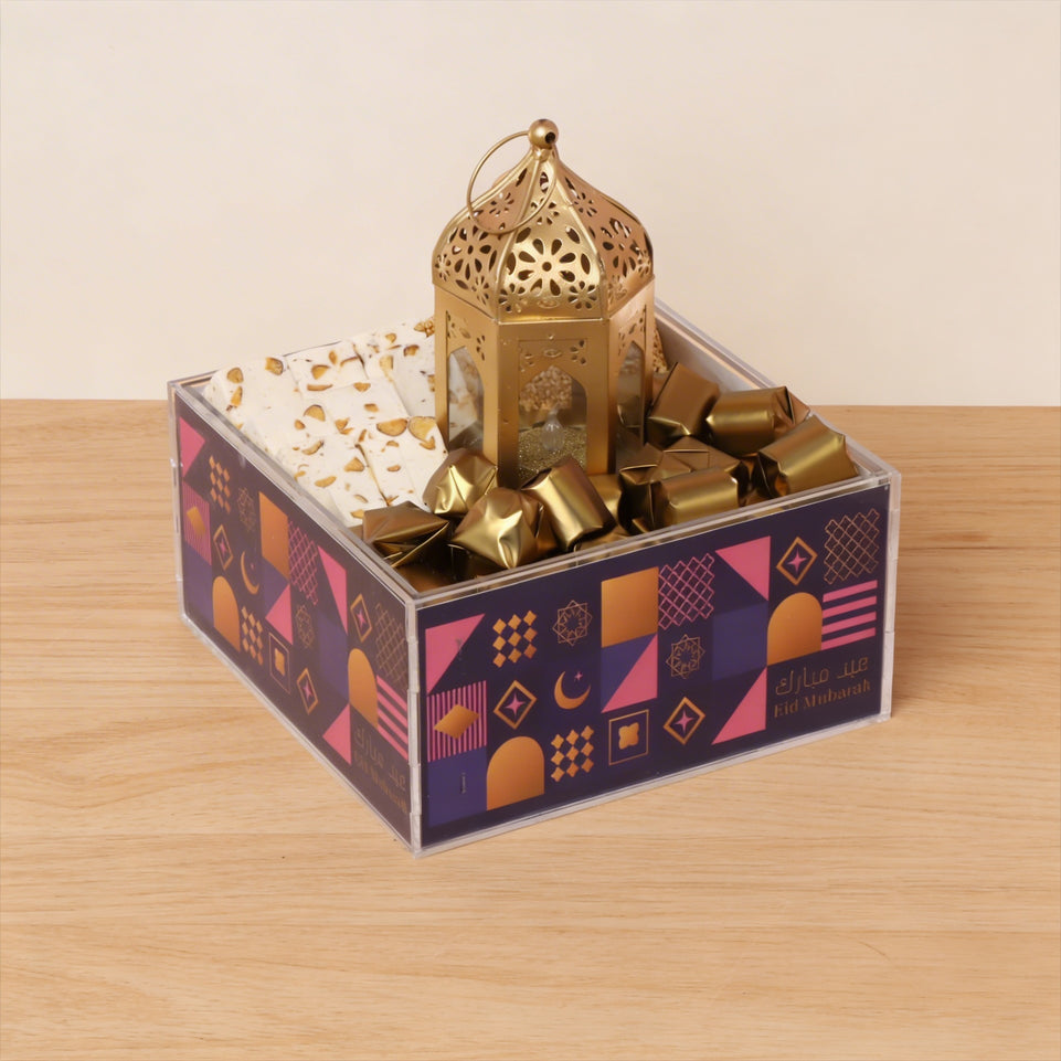 Eid mubarak colorful patches designed chocolate and sweet acrylic medium tray