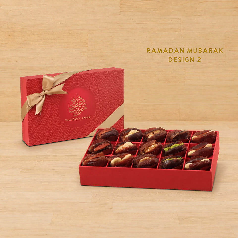 Ramadan Mubarak designed premium nut stuffed dates 15P red hard box