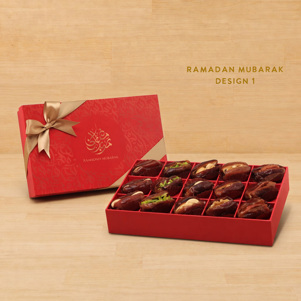 Ramadan Mubarak designed premium nut stuffed dates 15P red hard box