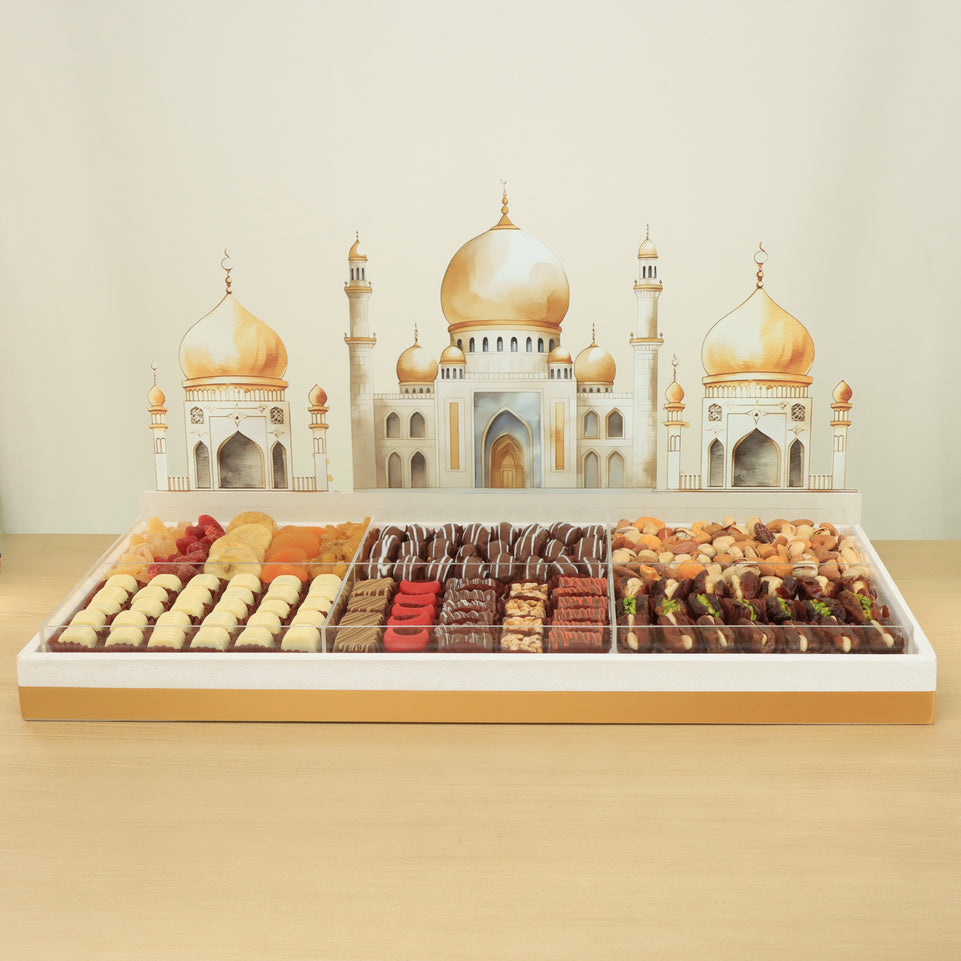 Ramadan Mubarak designed premium chocolate & dried fruits large acrylic leather tray