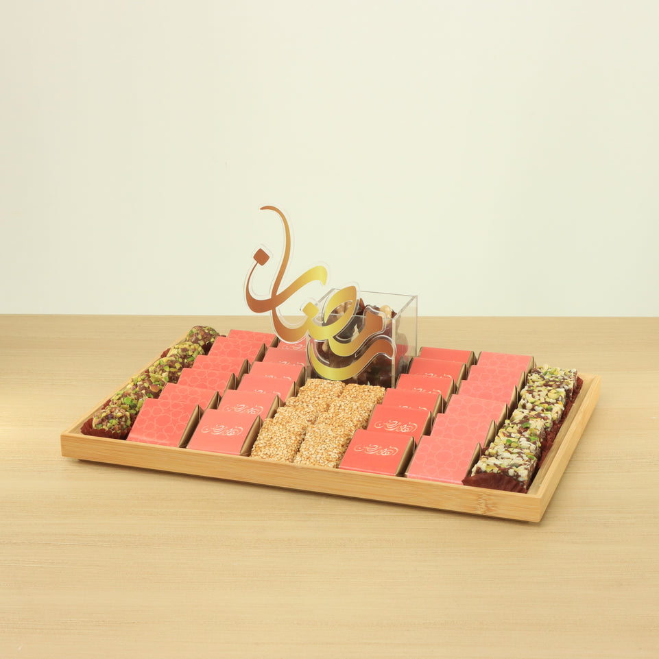 Ramadan designed premium chocolate & dates wood tray