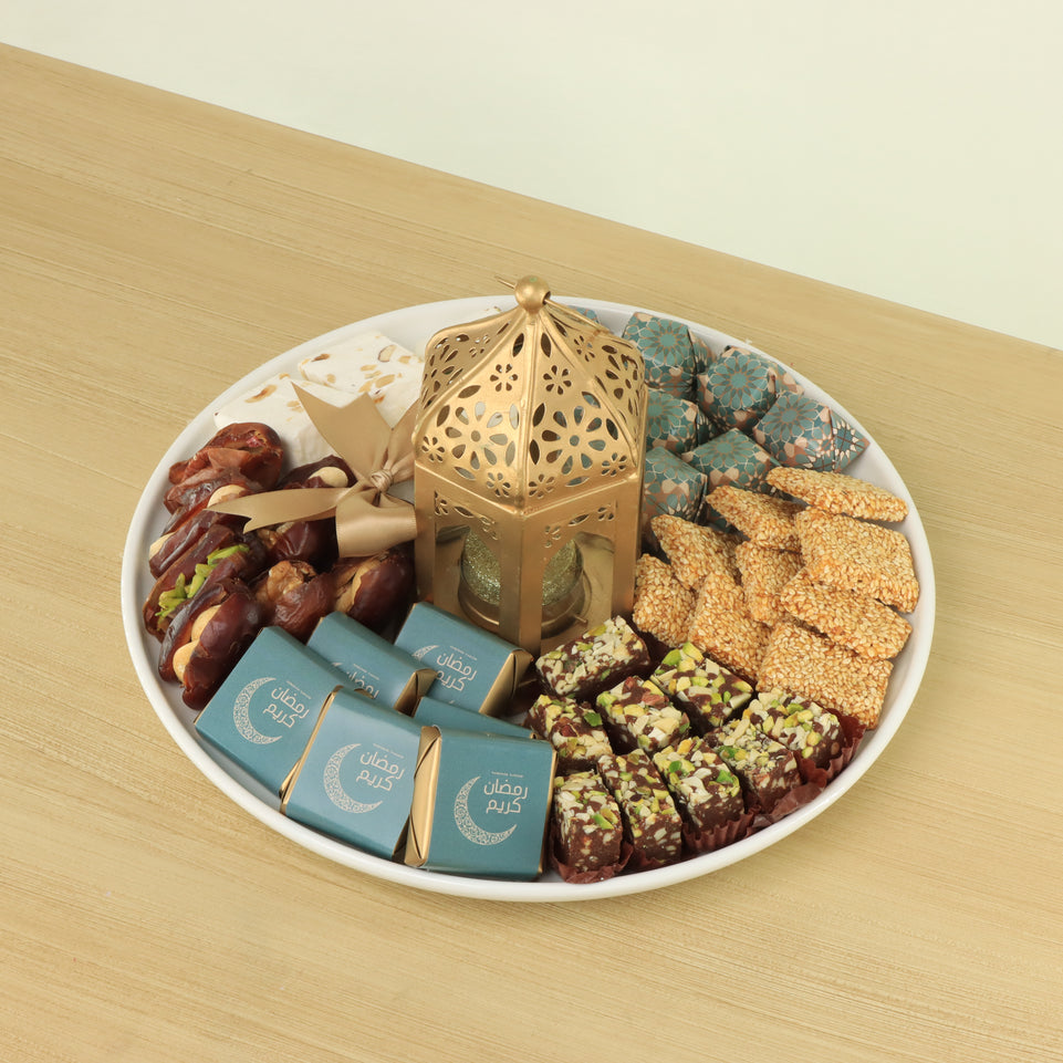 Ramadan designed premium chocolate & dates round plate