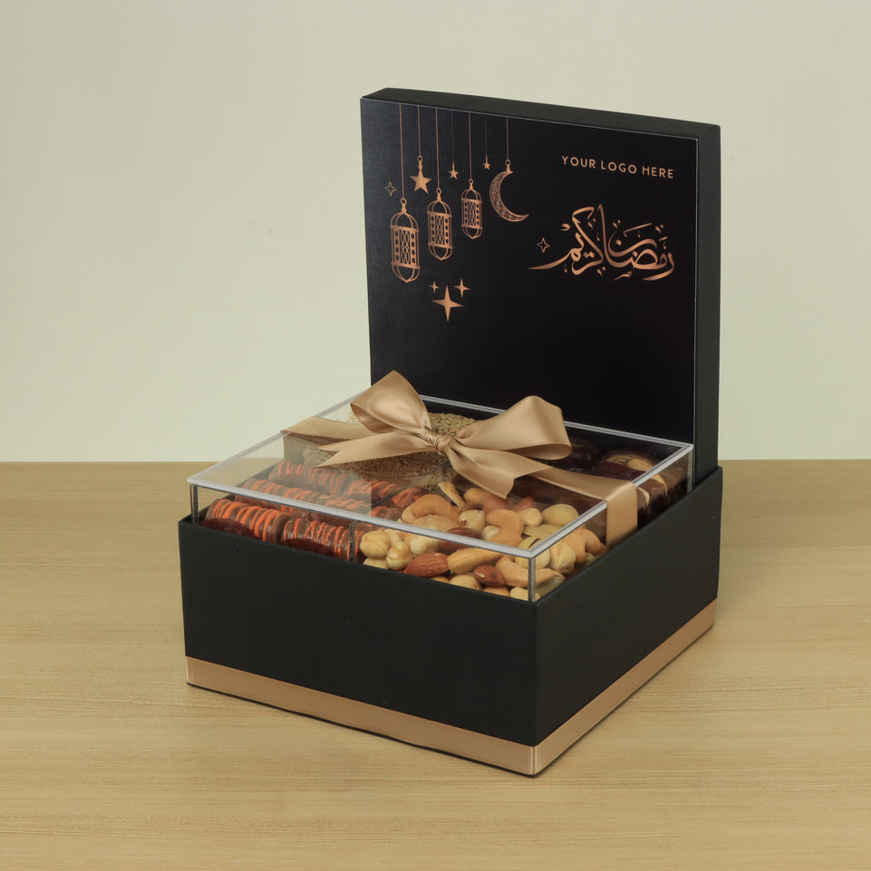 Corporate customized ramadan designed premium chocolate & dates, nuts medium hamper