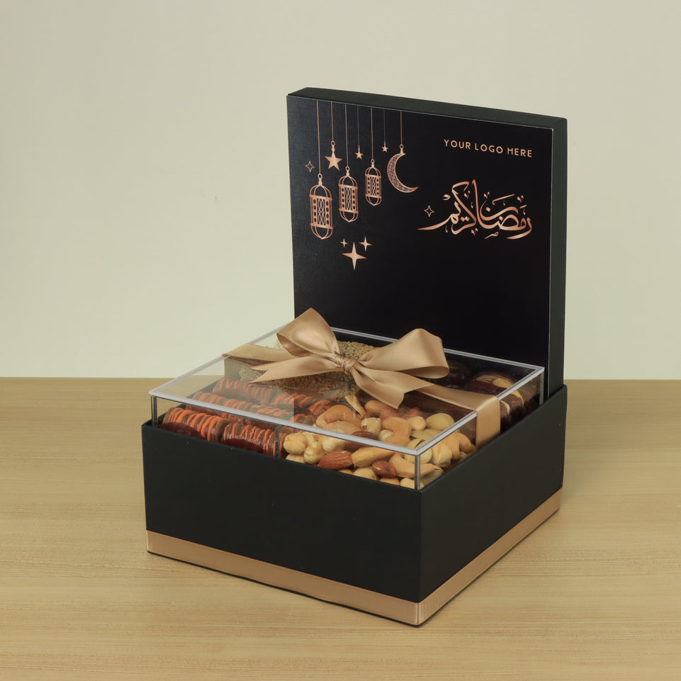 Corporate customized ramadan designed premium chocolate & dates, nuts medium hamper