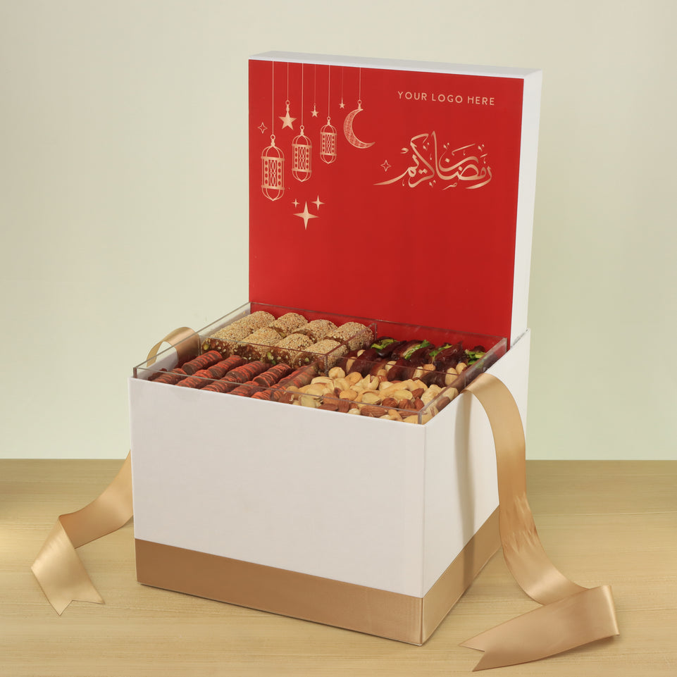 Corporate customized ramadan designed premium chocolate & dates, nuts large hamper