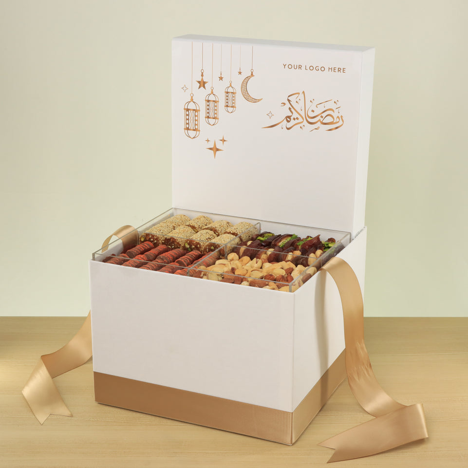 Corporate customized ramadan designed premium chocolate & dates, nuts large hamper