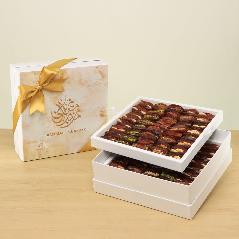 Ramadan Mubarak designed premium nut stuffed dates 2-layer hard box