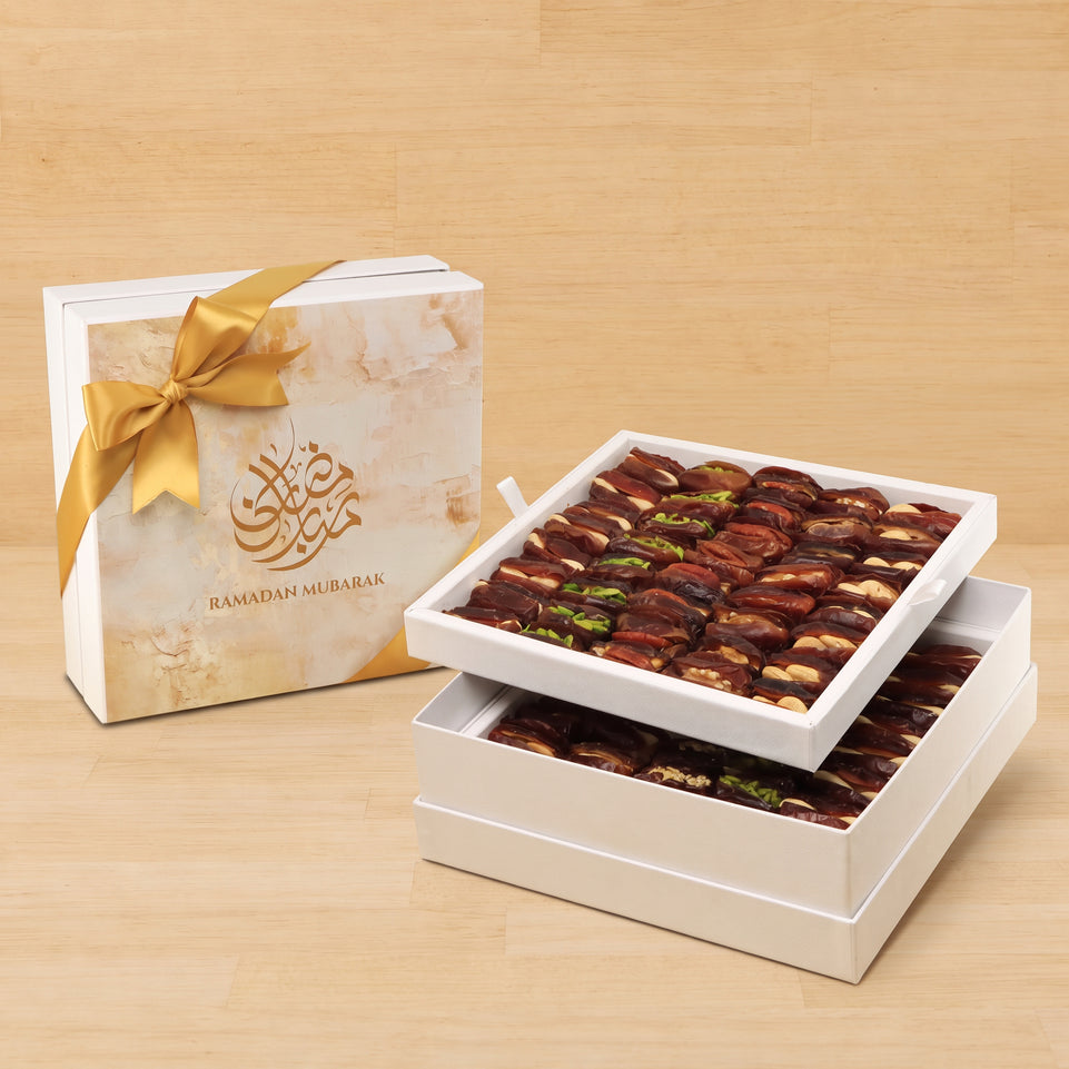 Ramadan Mubarak designed premium nut stuffed dates 2-layer hard box