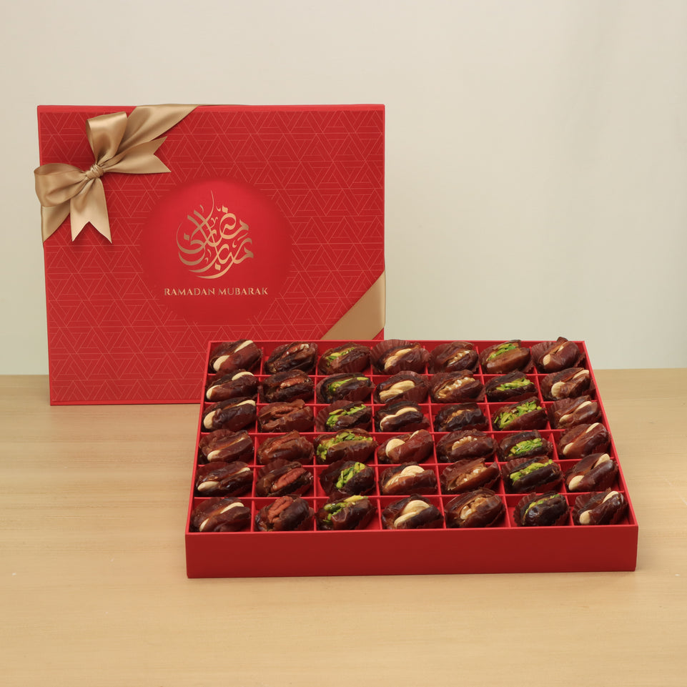Ramadan Mubarak premium nut stuffed dates luxury red hard box