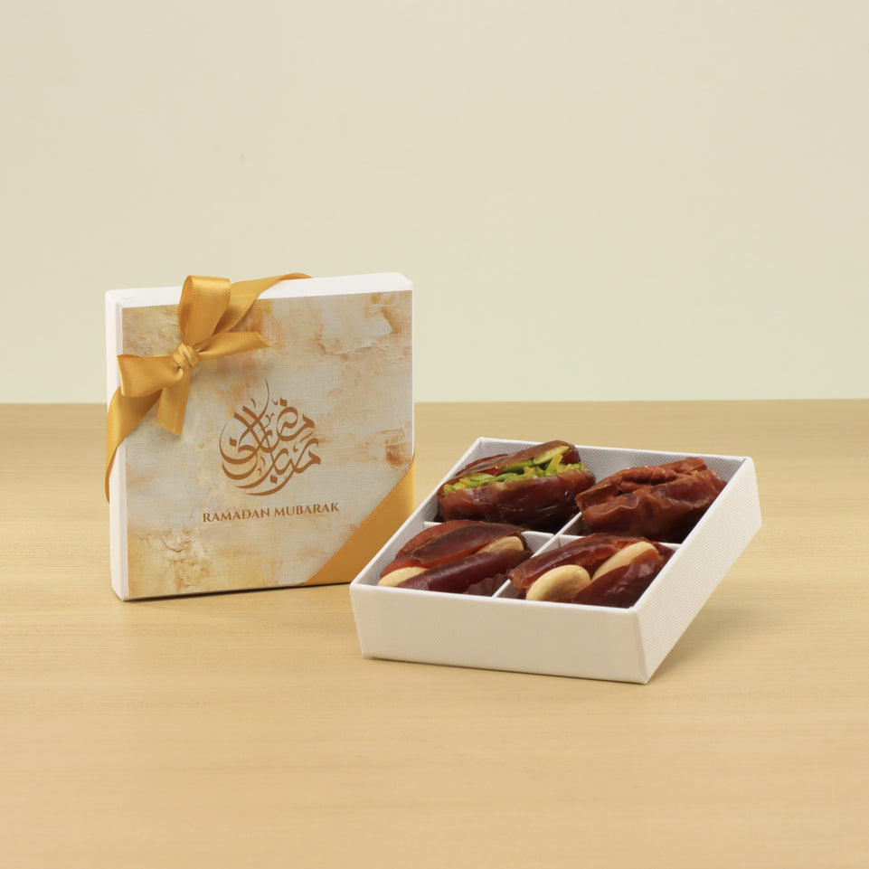 Set of 15 Ramadan Mubarak designed premium nut stuffed dates 4P hard box giveaway