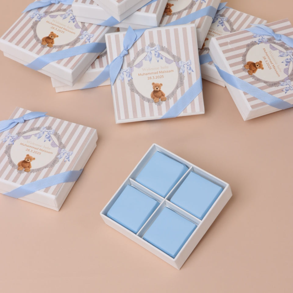 Set of 20 Baby boy teddy theme personalized chocolate hard box