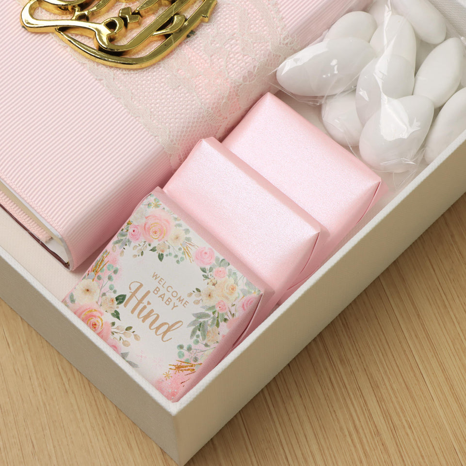 Set of 20 Baby girl customized design quran giveaway with premium chocolate