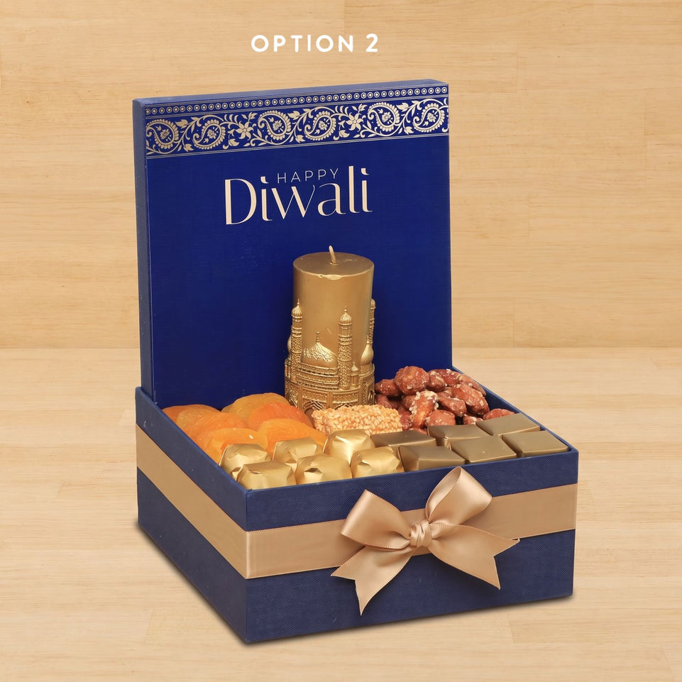 Happy Diwali Taj Mahal candle with chocolate & sweets medium hamper