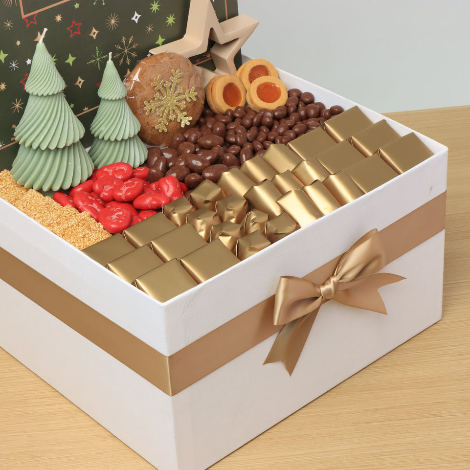 Season's Greeting designed with tree candle and decorated star premium chocolate & sweets extra large hamper