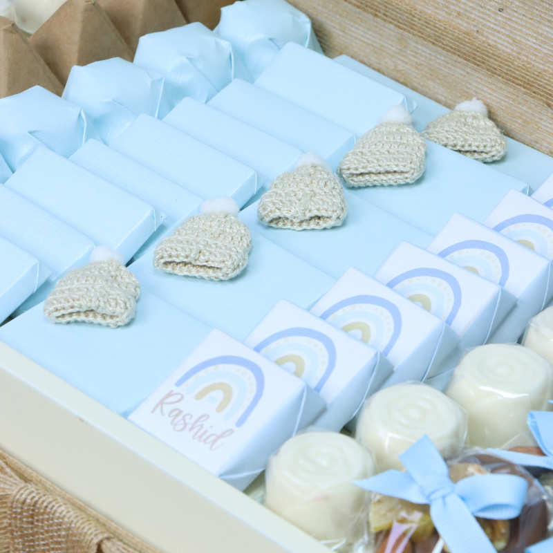 Baby teddy theme personalized chocolate wood stand with personalized backdrop.