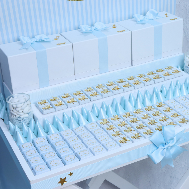 Carousel themed baby boy personalized chocolate stand with personalized backdrop