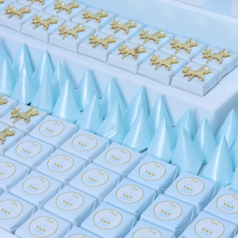 Carousel themed baby boy personalized chocolate stand with personalized backdrop
