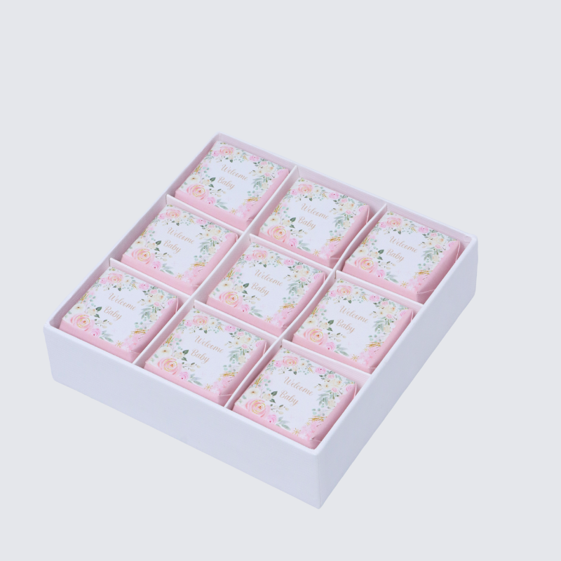 Welcome baby girl flower designed 9-piece chocolate hard box