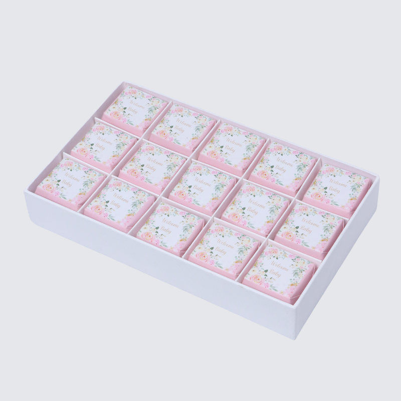 Welcome baby girl flower designed 15-piece chocolate hard box
