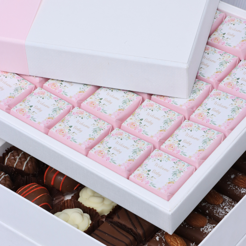 Welcome baby girl flower designed 2-layer chocolate hard box