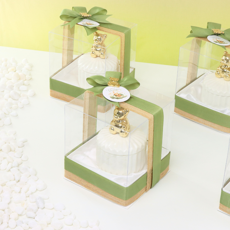 Baby boy teddy theme designed ceramic teddy giveaway clear box