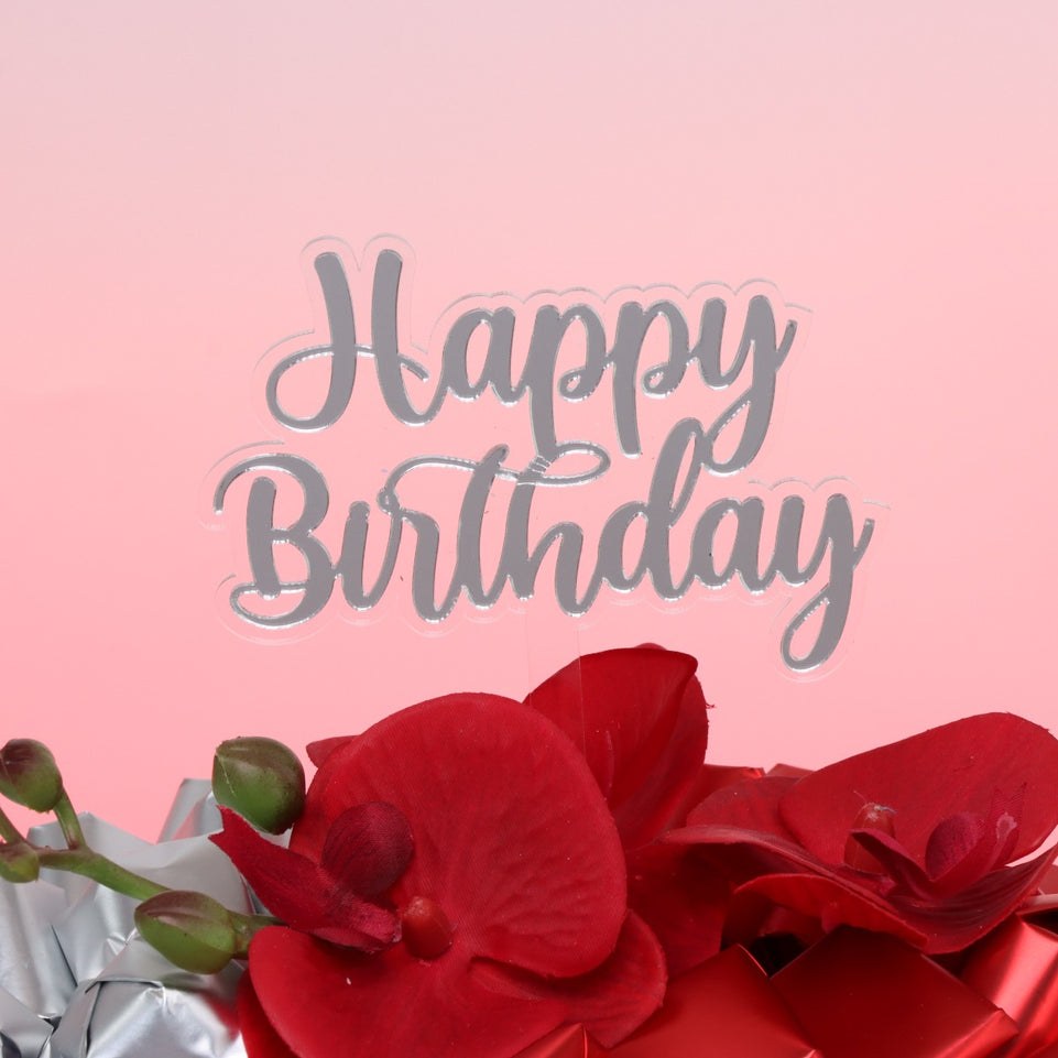 Happy birthday orchid decorated chocolate leather round tray