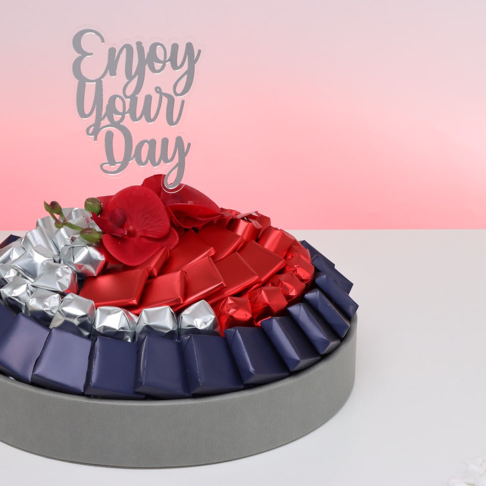 Enjoy your day orchid decorated premium chocolate leather round tray