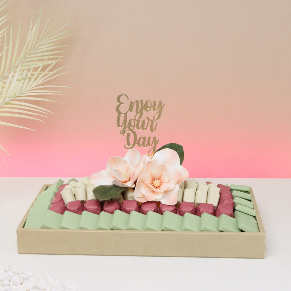 Enjoy your day peach magnolia decorated premium chocolate leather tray