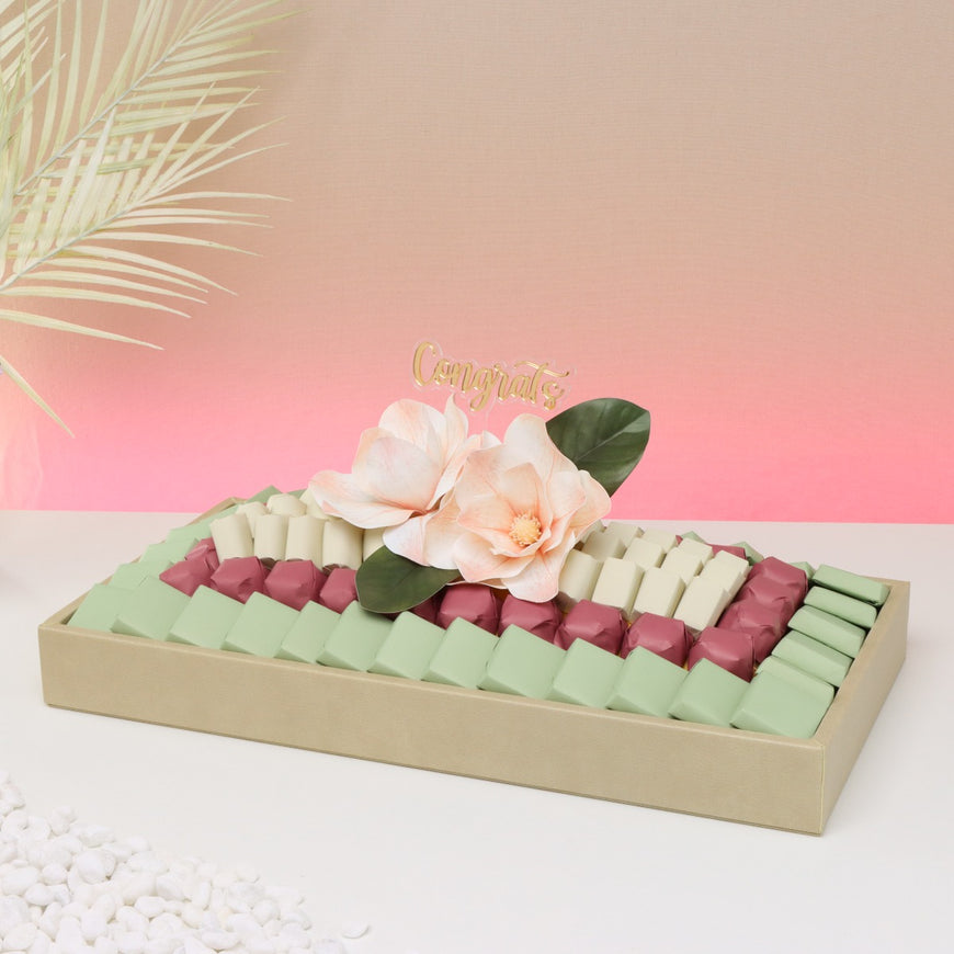 Congrats peach magnolia decorated premium chocolate medium leather tray