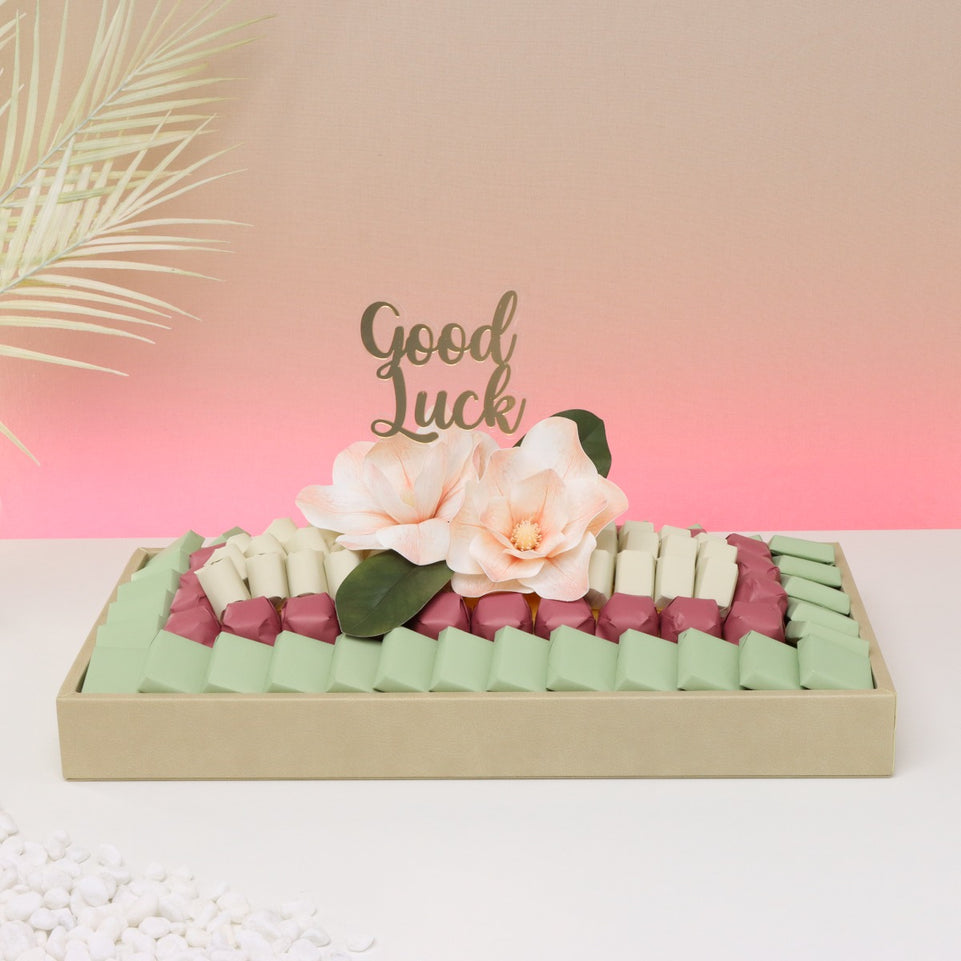 Good luck peach magnolia decorated premium chocolate leather tray