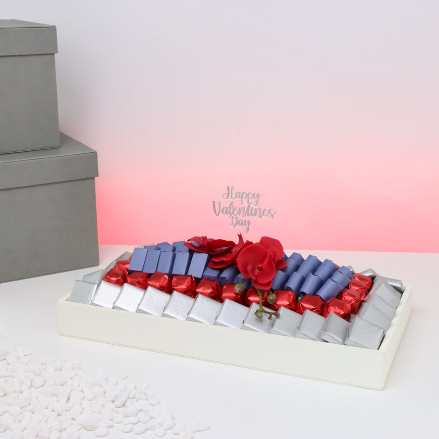 Happy valentine's day decorated chocolate leather tray