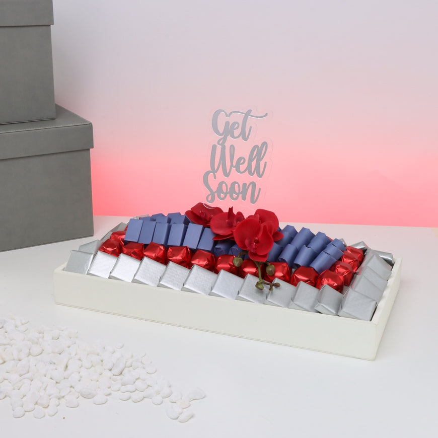 Get well soon orchid decorated chocolate medium leather tray