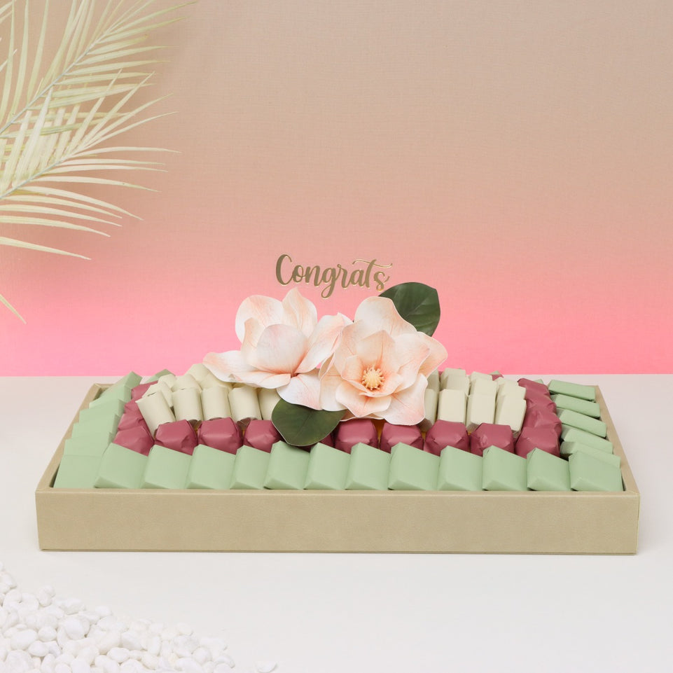 Congrats peach magnolia decorated premium chocolate medium leather tray