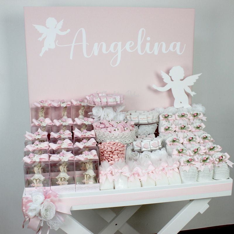 Baby angel personalized crochet decorated chocolate wood stand with personalized backdrop.