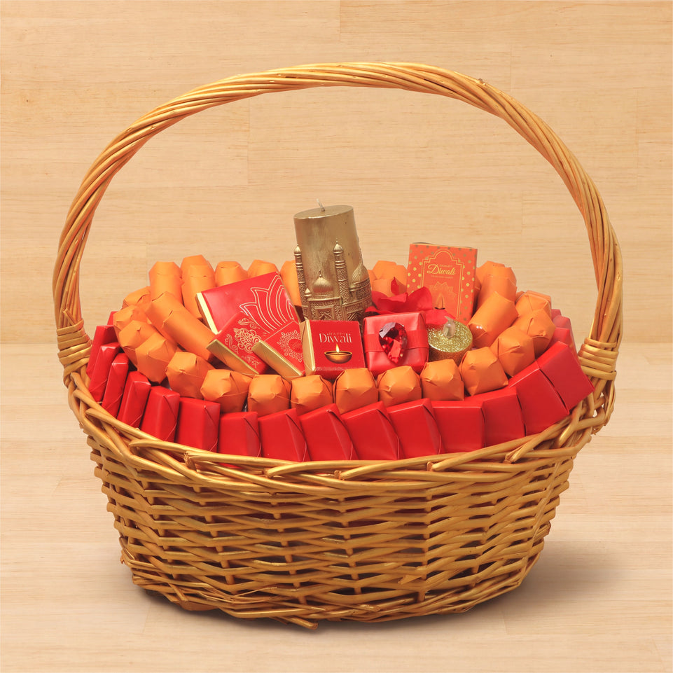 Happy Diwali with taj mahal candle customized premium chocolate & sweets large basket
