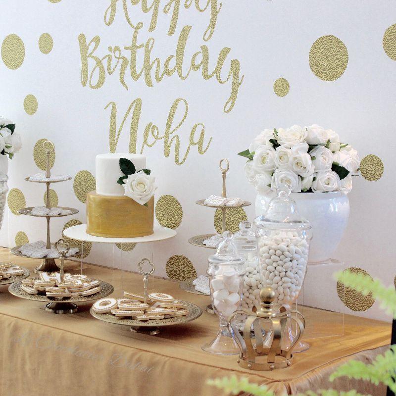 Birthday gold white dessert / sweets table