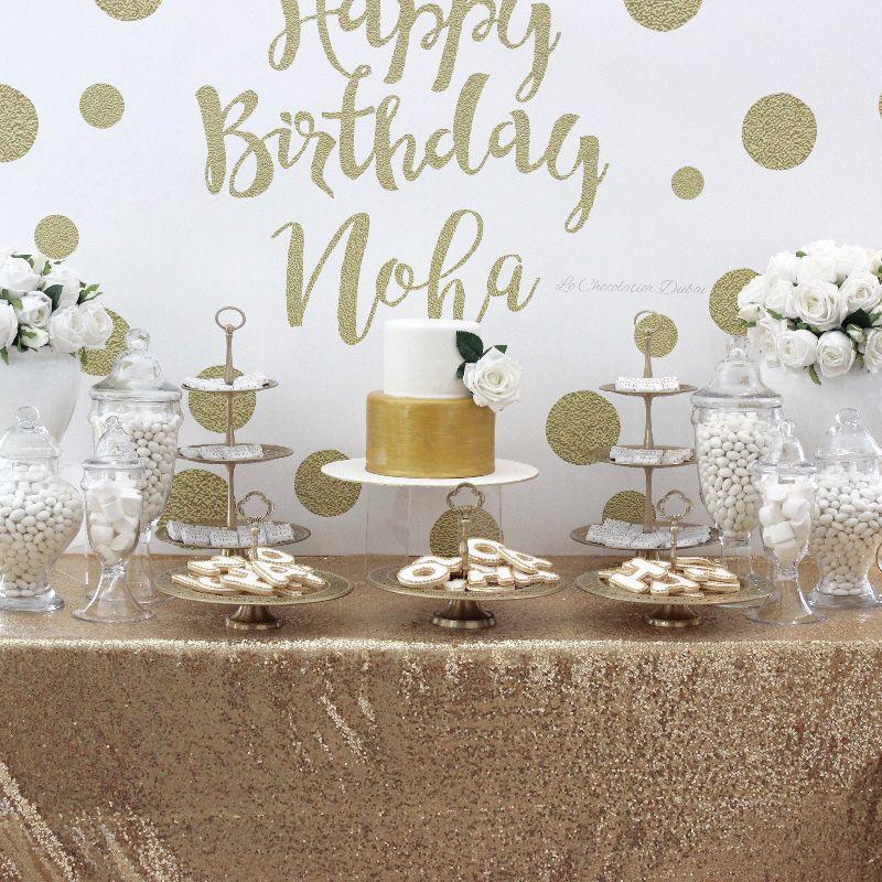Birthday gold white dessert / sweets table
