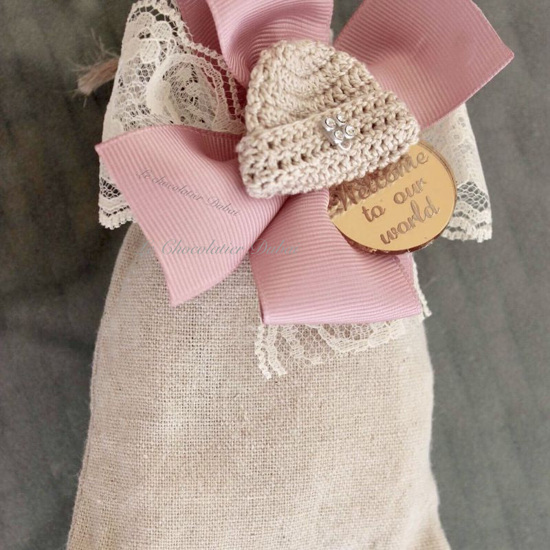 Set of 20 Baby girl crochet hat chocolate bag