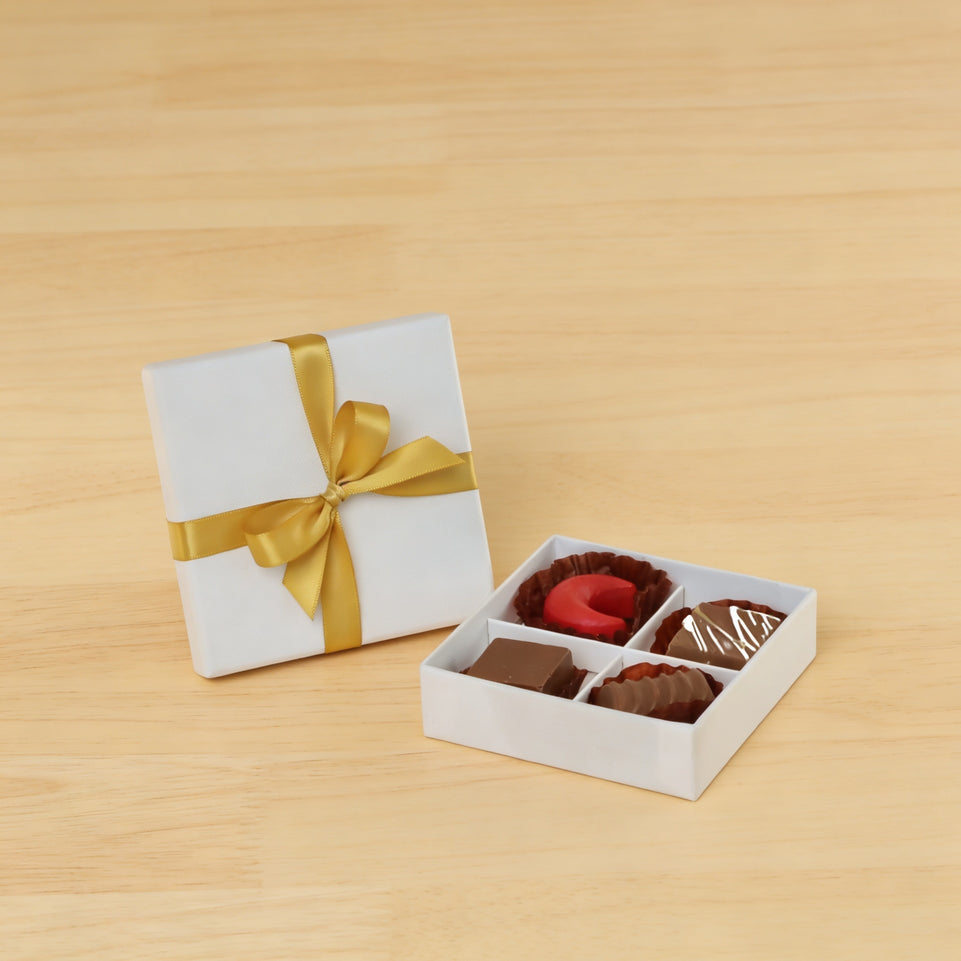 Set of 15 Premium chocolate 4pc white hard box with gold ribbon