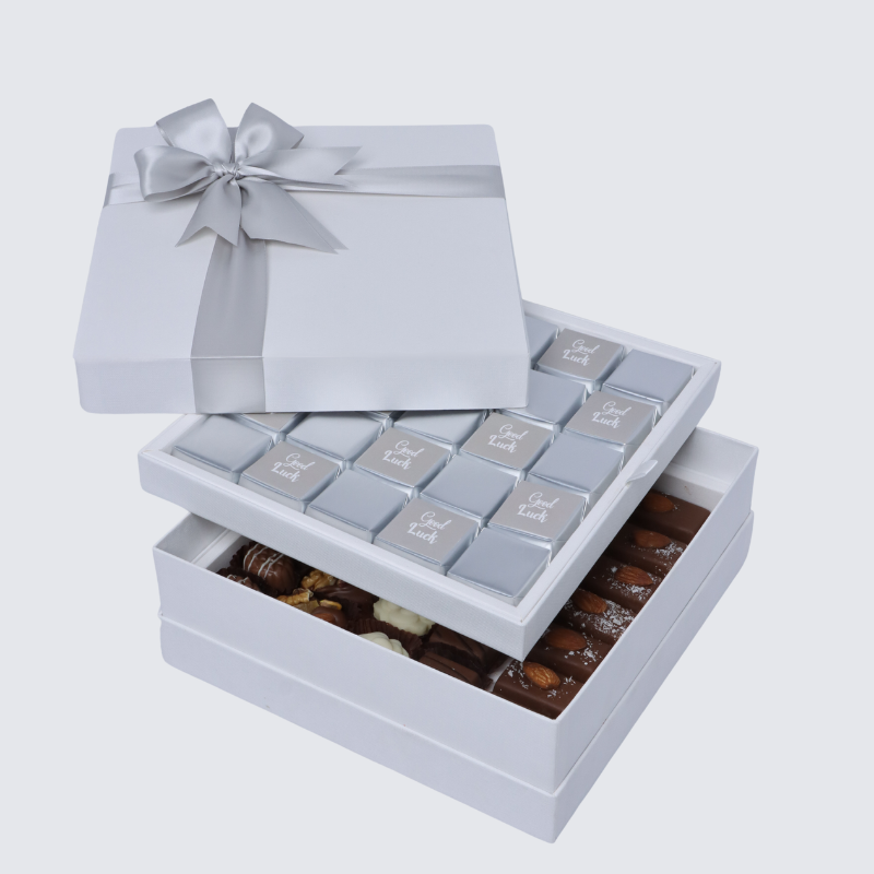 "Good luck" classic silver designed 2-layer premium chocolate hard box