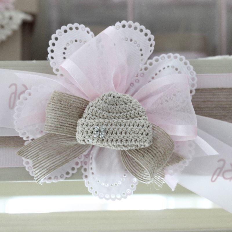 Baby vintage crochet decorated chocolate wood stand