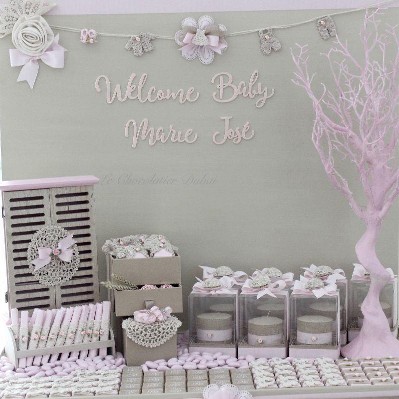 Baby vintage crochet decorated chocolate wood stand