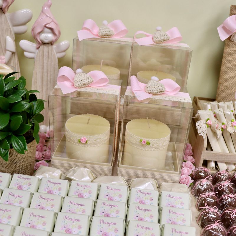 Baby crochet decorated and personalized chocolate wood stand with personalized backdrop.