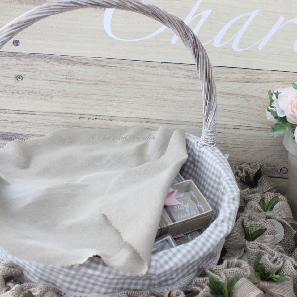 Baby girl rustic floral chocolate wood stand with personalized backdrop.