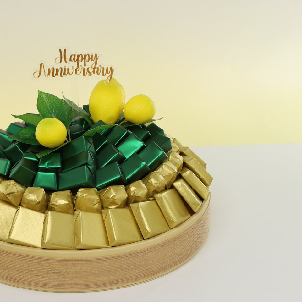 Happy anniversary lemon decorated chocolate leather round tray
